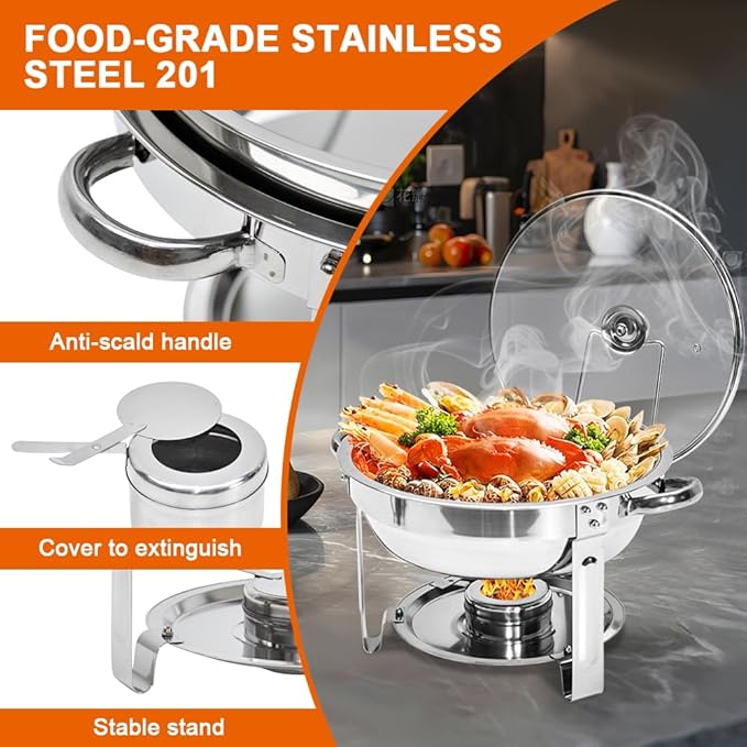 Round Chafing Dish Buffet Set 4.5L Food Pan with Glass Lid - Buy now from Celebration Warehouse