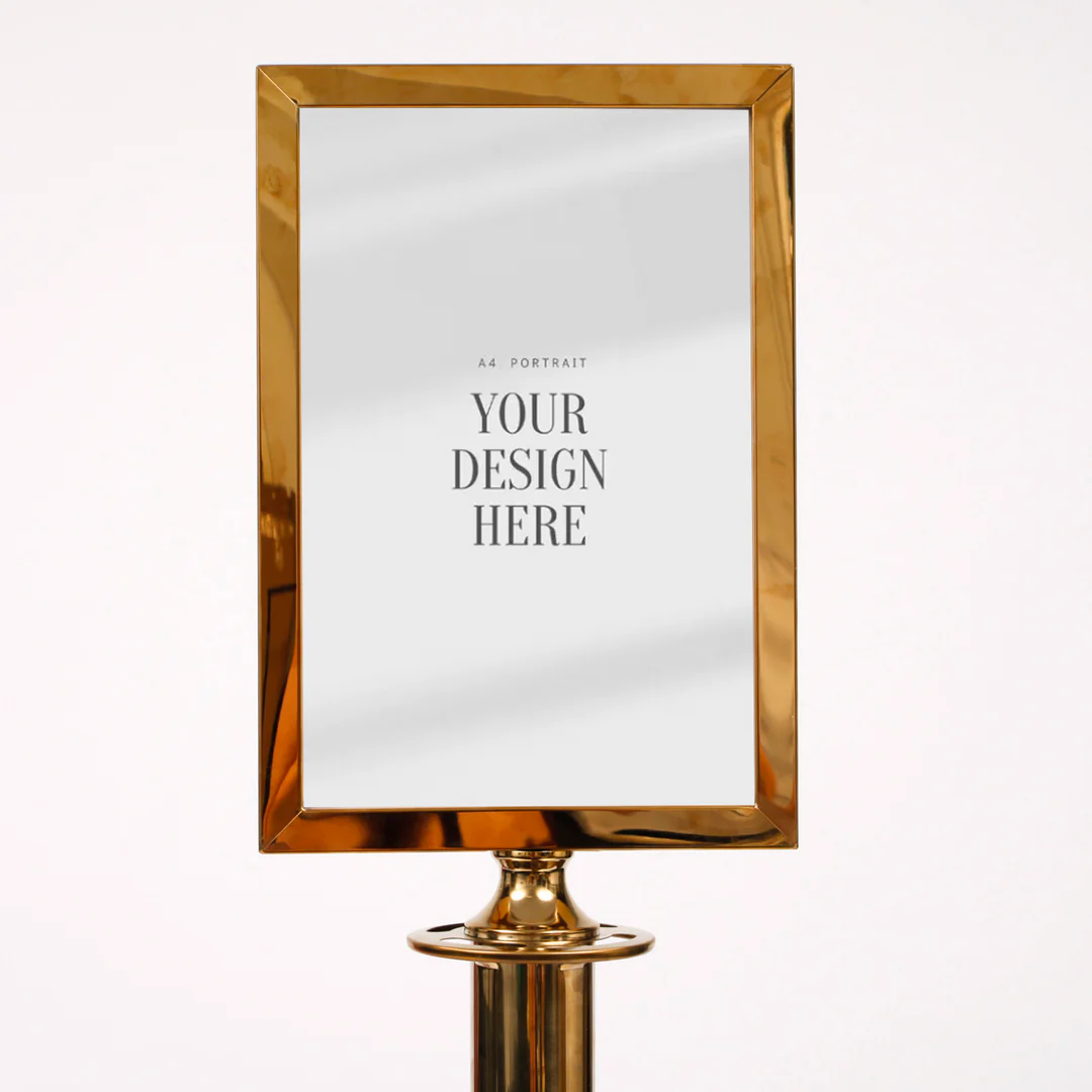 Bollard / Stanchion Sign Holder - Gold (A4) with bollard - Buy now from Celebration Warehouse